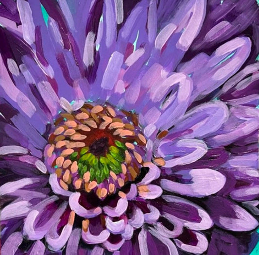 A vibrant, close-up painting of a purple chrysanthemum with broad brushstrokes and an intricate, colorful center