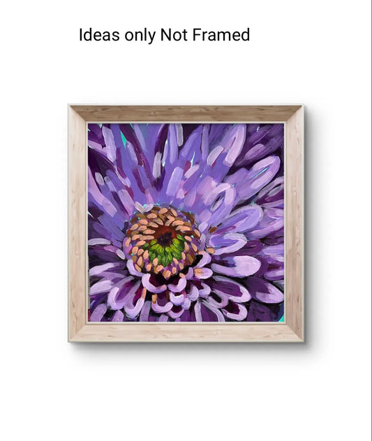 Close-up art of a vibrant purple chrysanthemum. Bold brushstrokes define the petals, radiating from a colorful, detailed core.