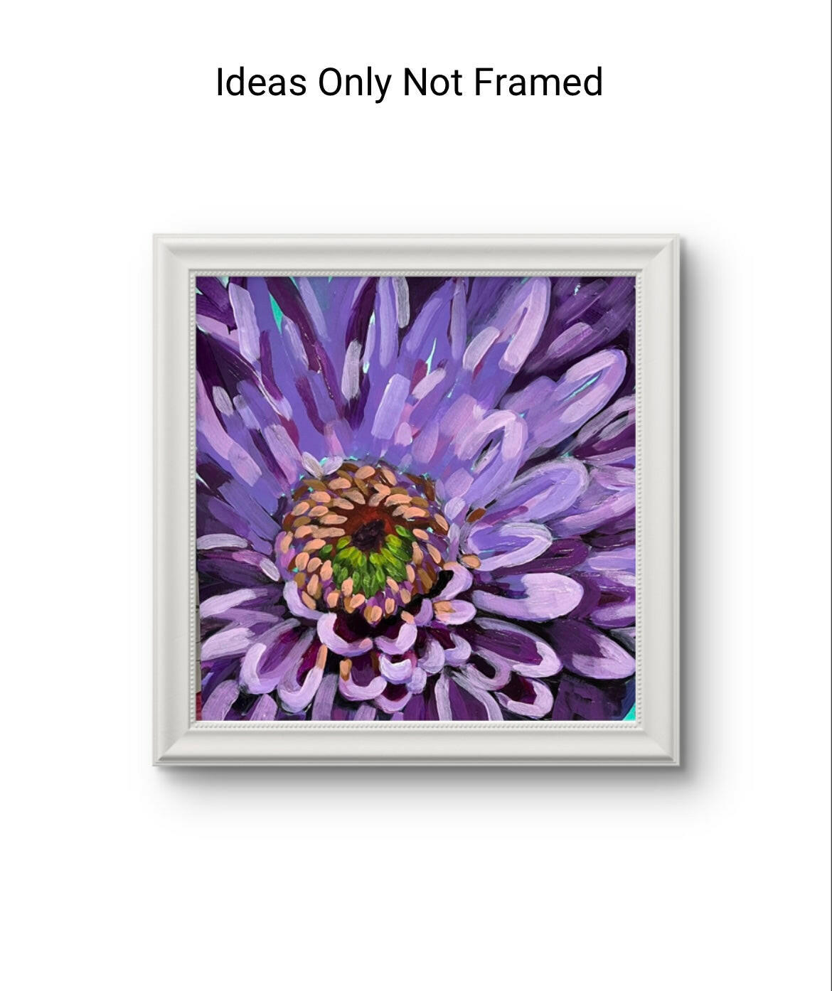 Textured painting of a purple chrysanthemum. Detailed center with pink, green, and dark purple tones against a teal background.
