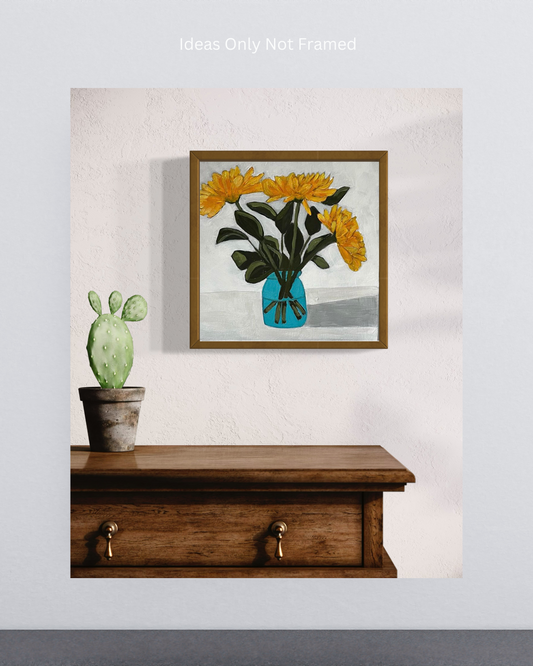 Still life painting of yellow flowers in a turquoise bottle