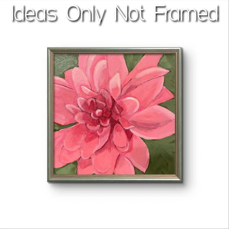 Abstracted 8x8 canvas art depicting a large pink dahlia flower, with its petals rendered in varying shades of pink, on a green backdrop.