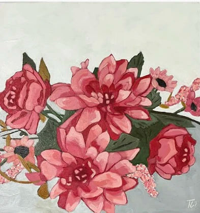Vibrant 14x14 canvas painting featuring a cluster of pink dahlias and other blossoms with green leaves on a light background.