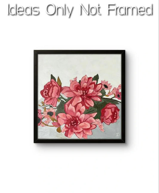 Textured canvas art, 14x14 inches, depicting a floral arrangement of various pink flowers, possibly dahlias and roses.