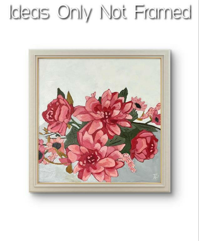 A modern 14x14 inch acrylic painting of pink floral blooms, including large dahlias, with subtle green foliage.