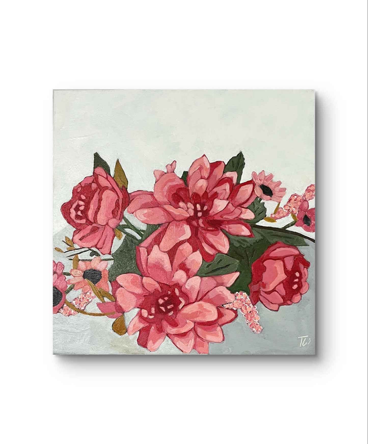 Floral still life painting, 14x14, showcasing a rich bouquet of pink flowers and green leaves on a soft gray background.