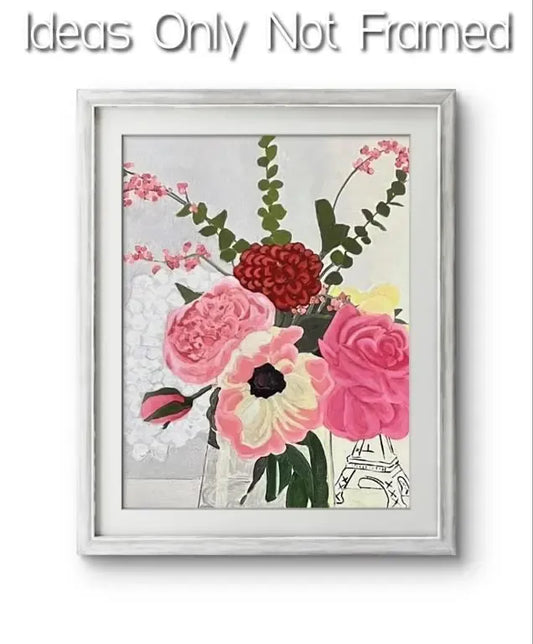 Vibrant 11x14 floral art print featuring a bouquet of pink, red, and yellow flowers with green leaves in a vase, beside a sketched Eiffel Tower.
