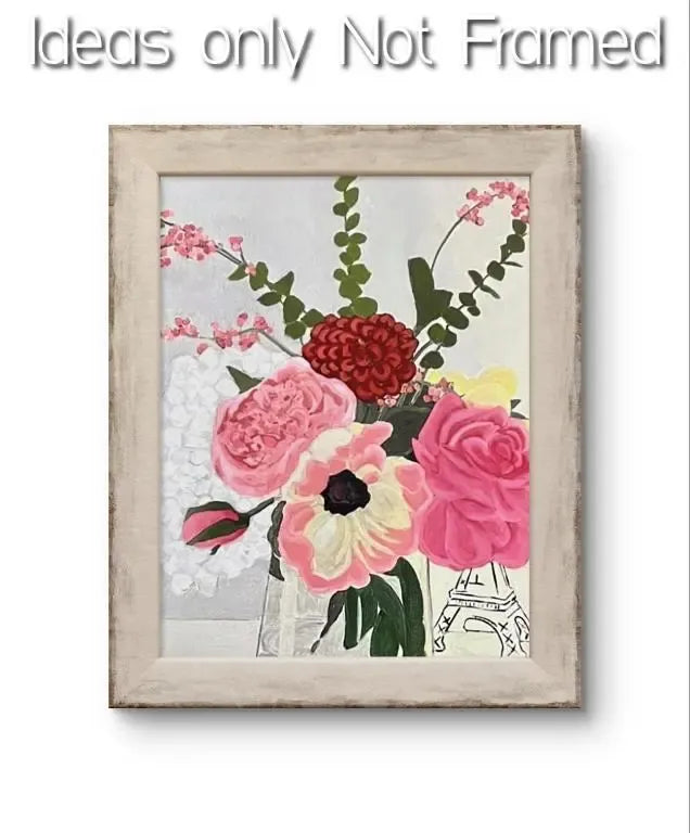 An 11x14 painting print of a colorful floral arrangement, including peonies and other blossoms, with decorative branches and an Eiffel Tower sketch.
