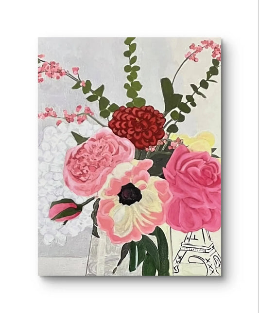 Stylish 11x14 print of a painted floral still life, showcasing prominent pink and red flowers with a hint of a Parisian theme.