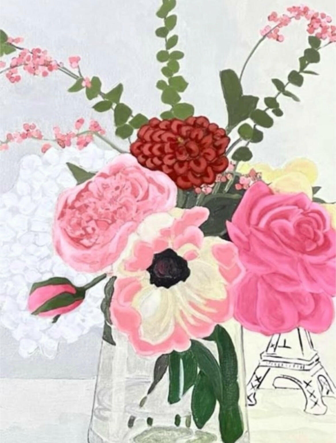 Elegant 11x14 art print of a painted floral arrangement, including pink and red flowers, with an artistic Eiffel Tower sketch in the background.