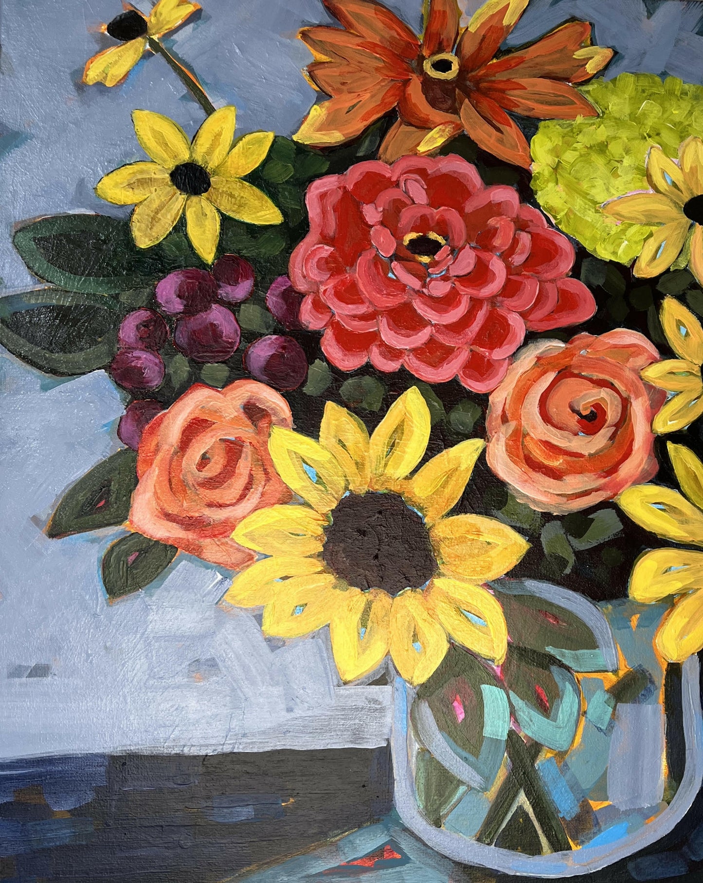 Close-up of a large red multi-petaled flower and peach roses in a vibrant flower arrangement painting.