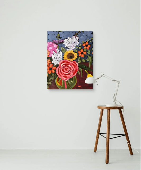 Detail of a cheerful yellow sunflower and white multi-petaled flowers within a colorful floral arrangement painting.