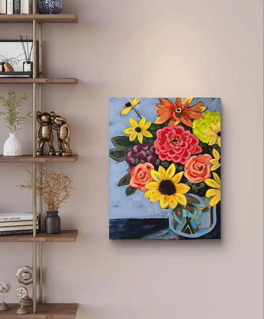 Detail of a yellow sunflower and purple berries within a colorful flower arrangement painting on canvas.