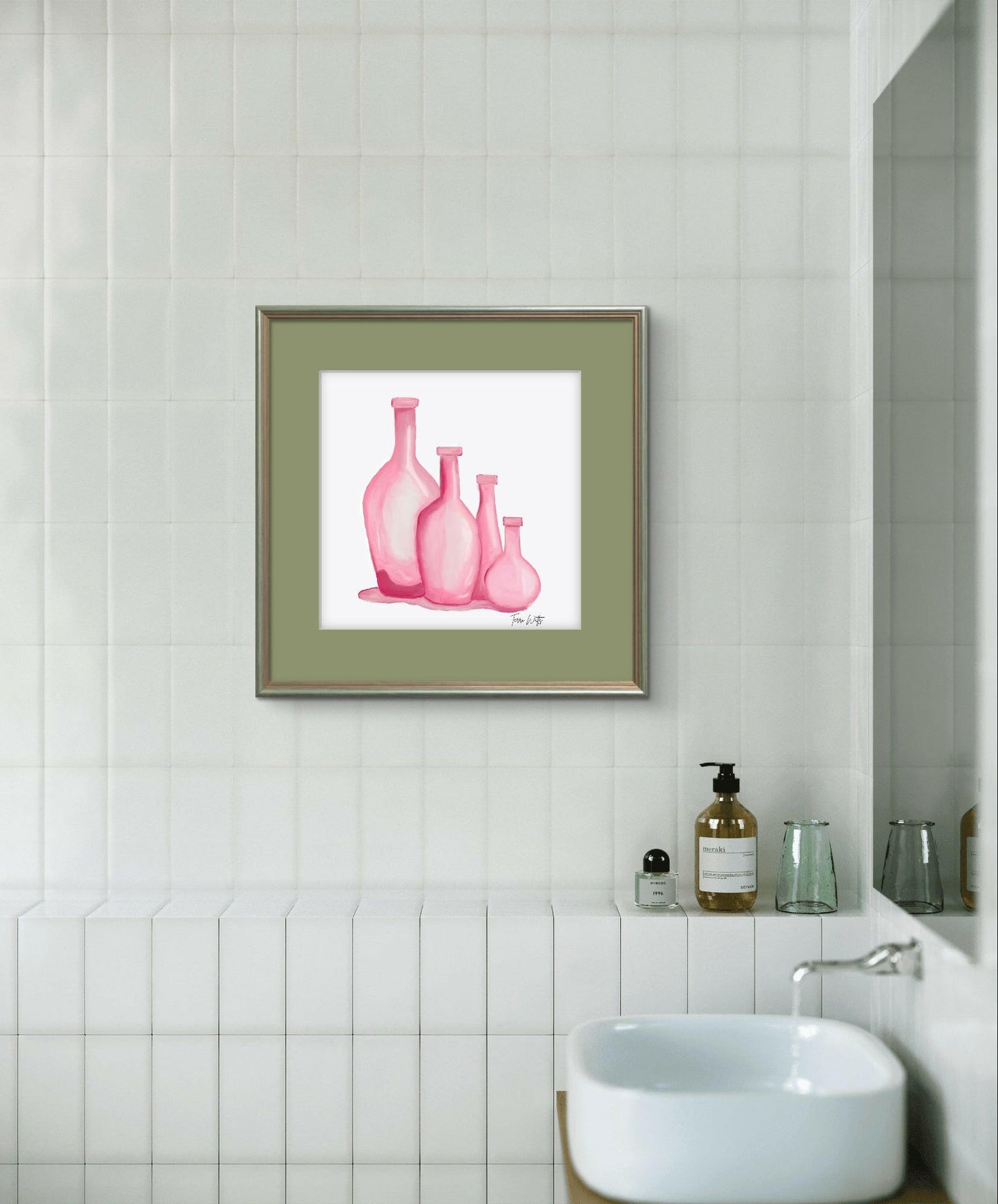 8x8 unframed digital print displaying a charming arrangement of four pink, subtly shaded glass bottles in a soft, artistic style