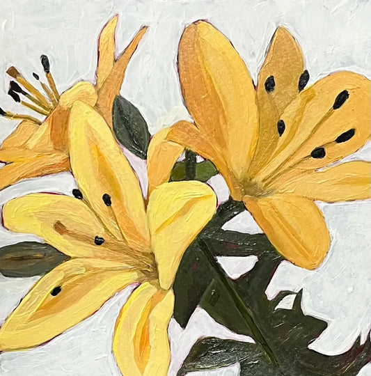 8x8 unframed still life painting on art paper, showcasing a cluster of bright yellow lilies with dark anthers and green foliage.