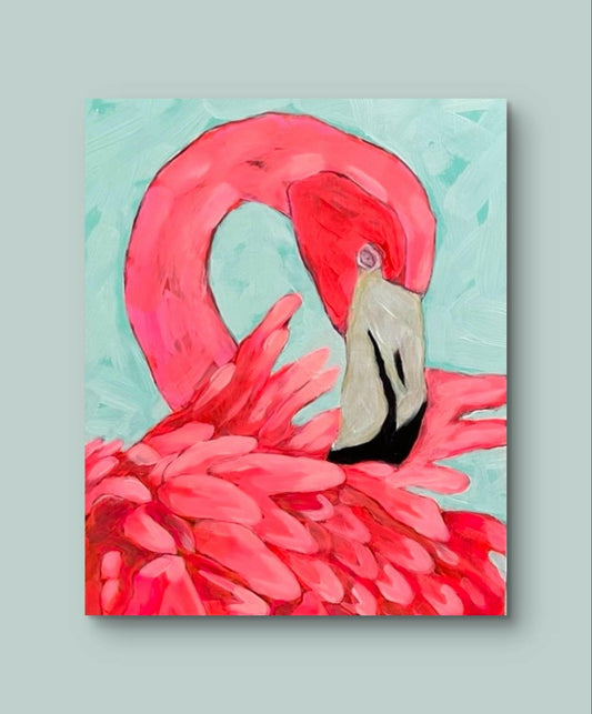 A vibrant 8x10 painting on wood depicting a pink flamingo's head and upper body with a long curved neck, against a light blue textured background.