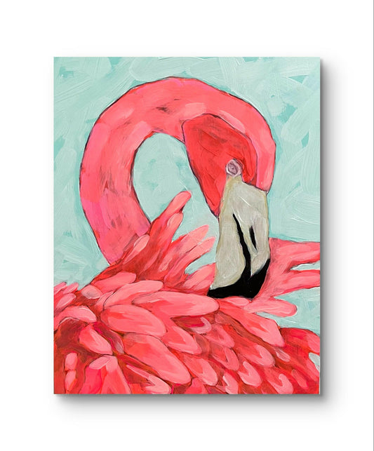 An 8x10 artwork on wood, showcasing a stylized painted flamingo in bright pink with a gray and black beak, set against a brush-stroked blue