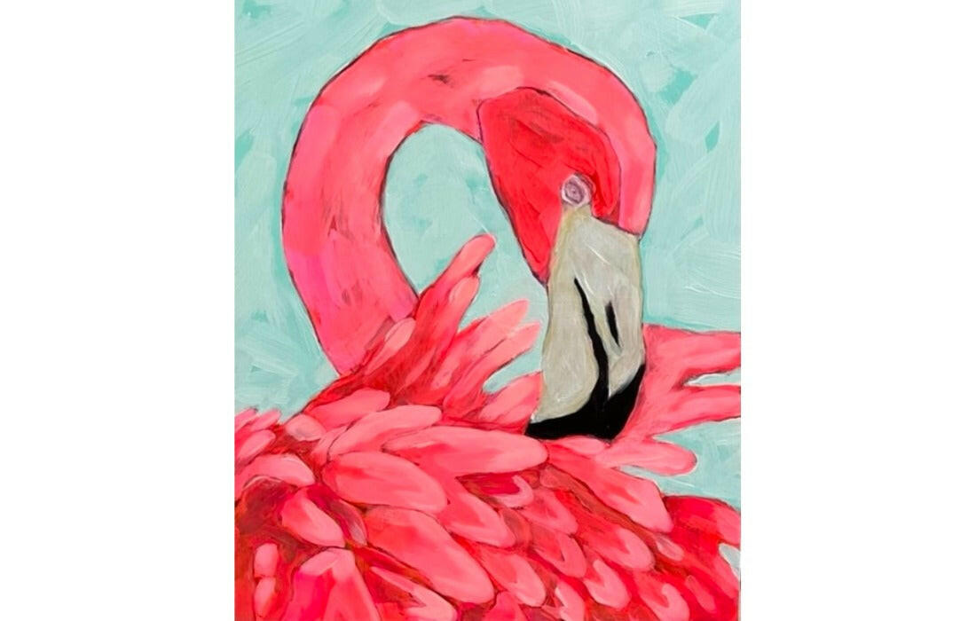 Colorful 8x10 wood panel painting of a flamingo, emphasizing its soft pink feathers and striking profile against a pastel blue backdrop.
