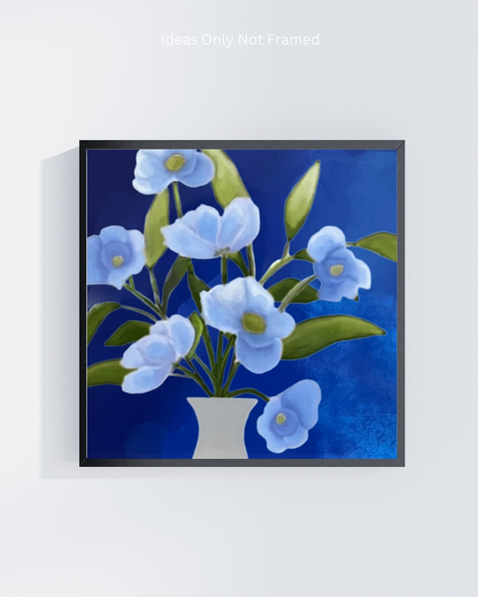 Detailed view of the white vase holding blue flowers against a textured dark blue background.