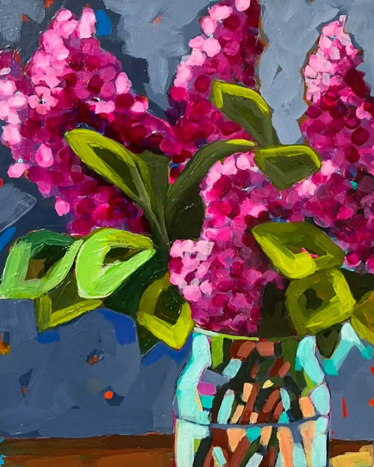 Vibrant 8x10 painting on cradled wood, featuring a bouquet of lush purple lilacs with bright green leaves in a colorful patterned vase.