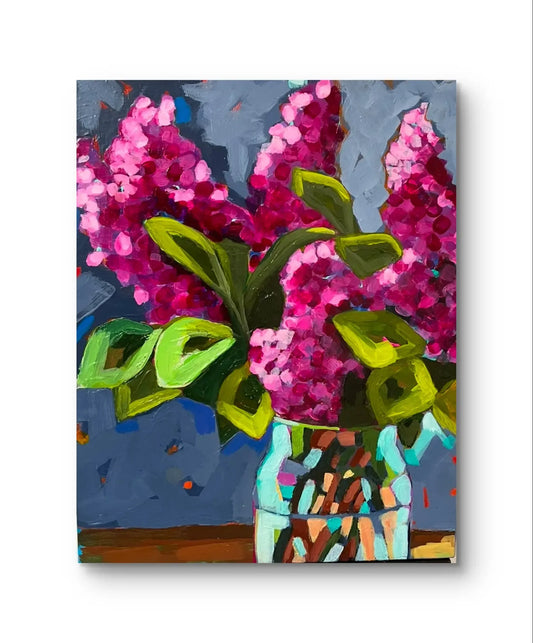An 8x10 acrylic painting on wood panel, depicting a modern still life of purple lilac blossoms against a dark blue background"