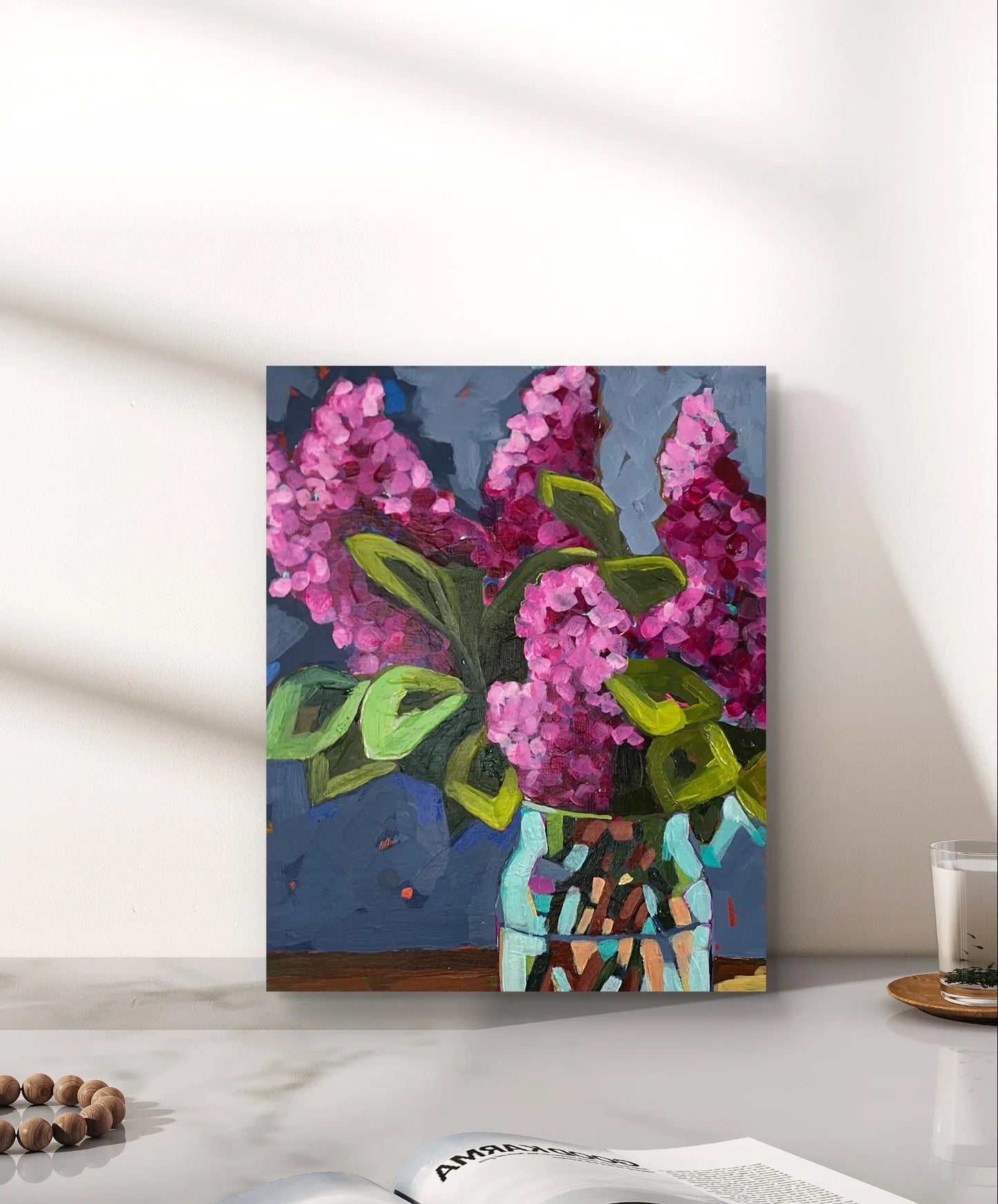 Textured 8x10 artwork on cradled wood, showing an expressive rendering of purple lilacs in a unique, abstract vase.