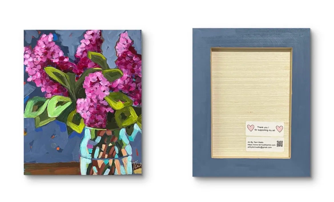 A diptych showing an 8x10 painting of vibrant purple lilacs in a colorful vase on the left, and the back of a blue frame with a "Thank you!" sticker on the right.
