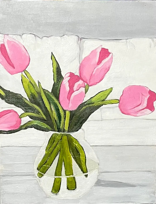 A vibrant 8x10 painting on wood depicting a clear vase holding five pink tulips with green stems and leaves, against a textured white and gray background.