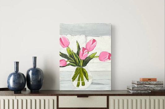 An 8x10 wood panel painting, unframed, showcasing a still life of bright pink tulips in a clear glass vase, rendered with expressive brushstrokes.