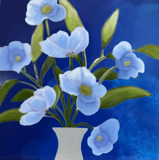 Close-up of soft blue flowers with yellow centers in a modern floral painting.