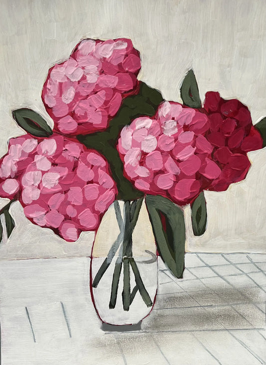 vibrant 9x12 inch unframed painting titled "Pink Hydrangeas Painting," featuring bold pink hydrangeas in a clear vase on a patterned surface