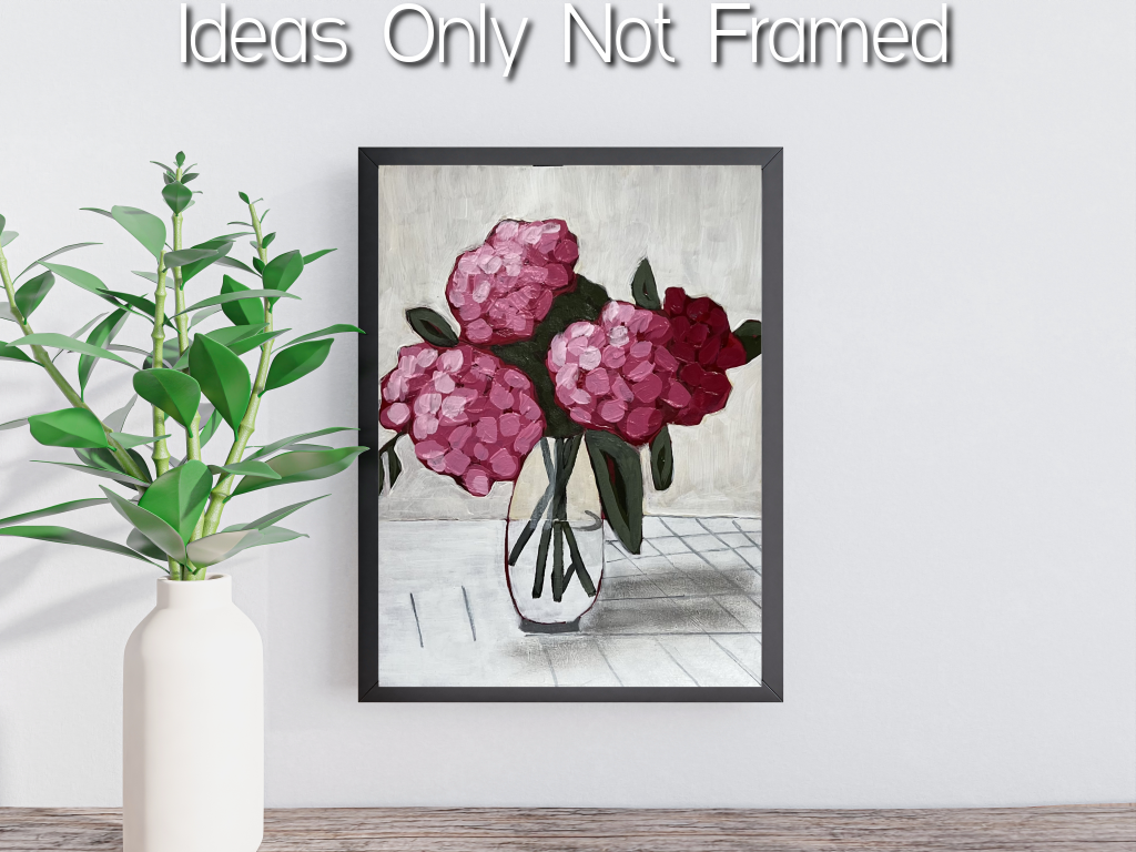 "Pink Hydrangeas Painting" on art paper, illustrating the striking floral arrangement and its modern aesthetic.