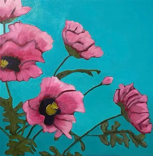 Textured poppy print featuring bold pink blooms against a bright turquoise.