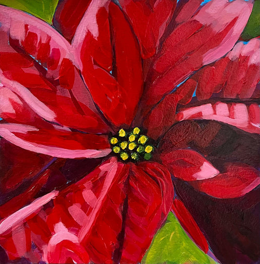 "Classic Cheer" – Red Poinsettia Holiday Painting on 8x8 Art Paper (Unframed)