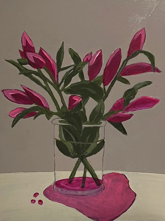 Still life painting of vibrant fuchsia lily buds in a glass vase with pink liquid and a pink spill.