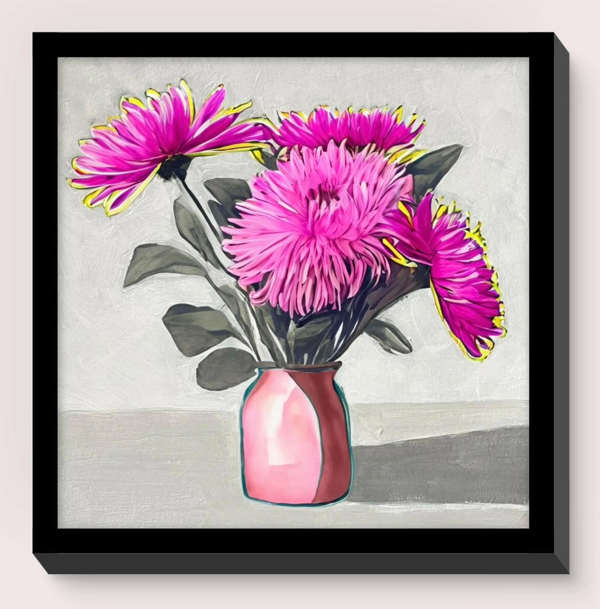 Pink flower painting with bold strokes in a black frame, part of a 3-piece set.