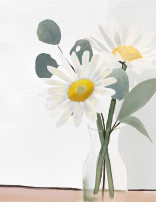White Daisys Print showcasing two white daisies with yellow centers and eucalyptus leaves in a clear vase against a plain background.