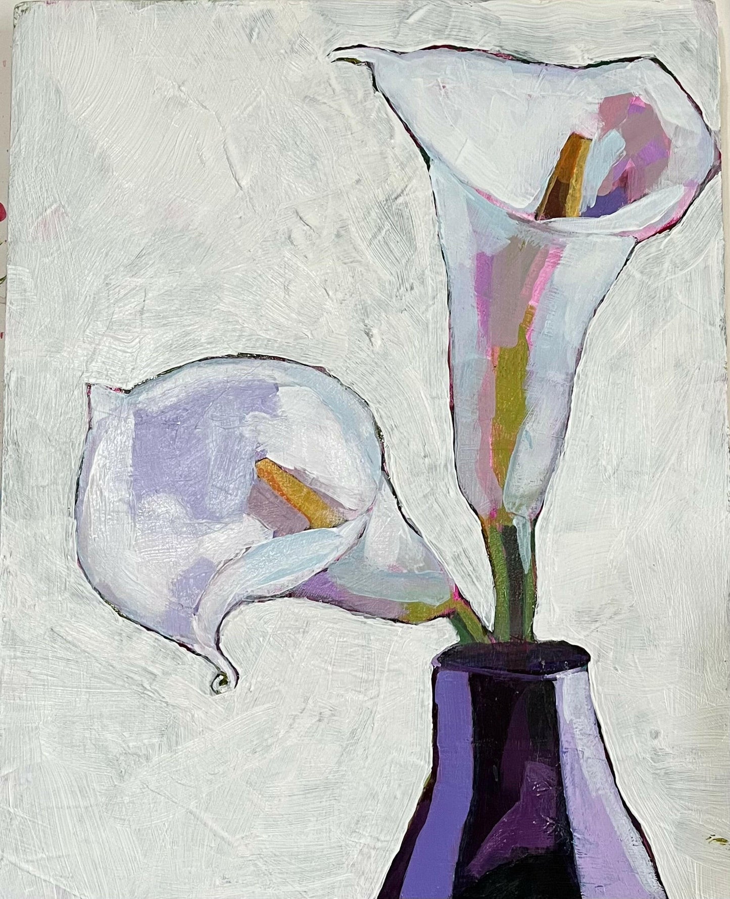 Close-up of a contemporary art piece featuring abstract white calla lilies with hints of pink and purple, in a dark, stylized vase on a textured white background.