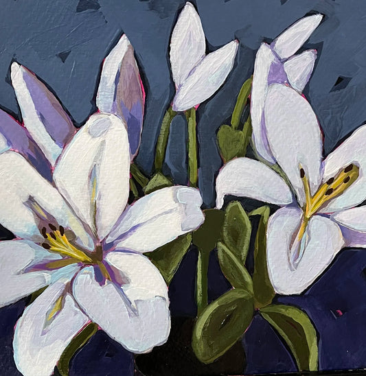 Textured artwork depicting abstract white blossoms with strong outlines and dark green stems, contrasting with a deep blue, brush-stroked background.