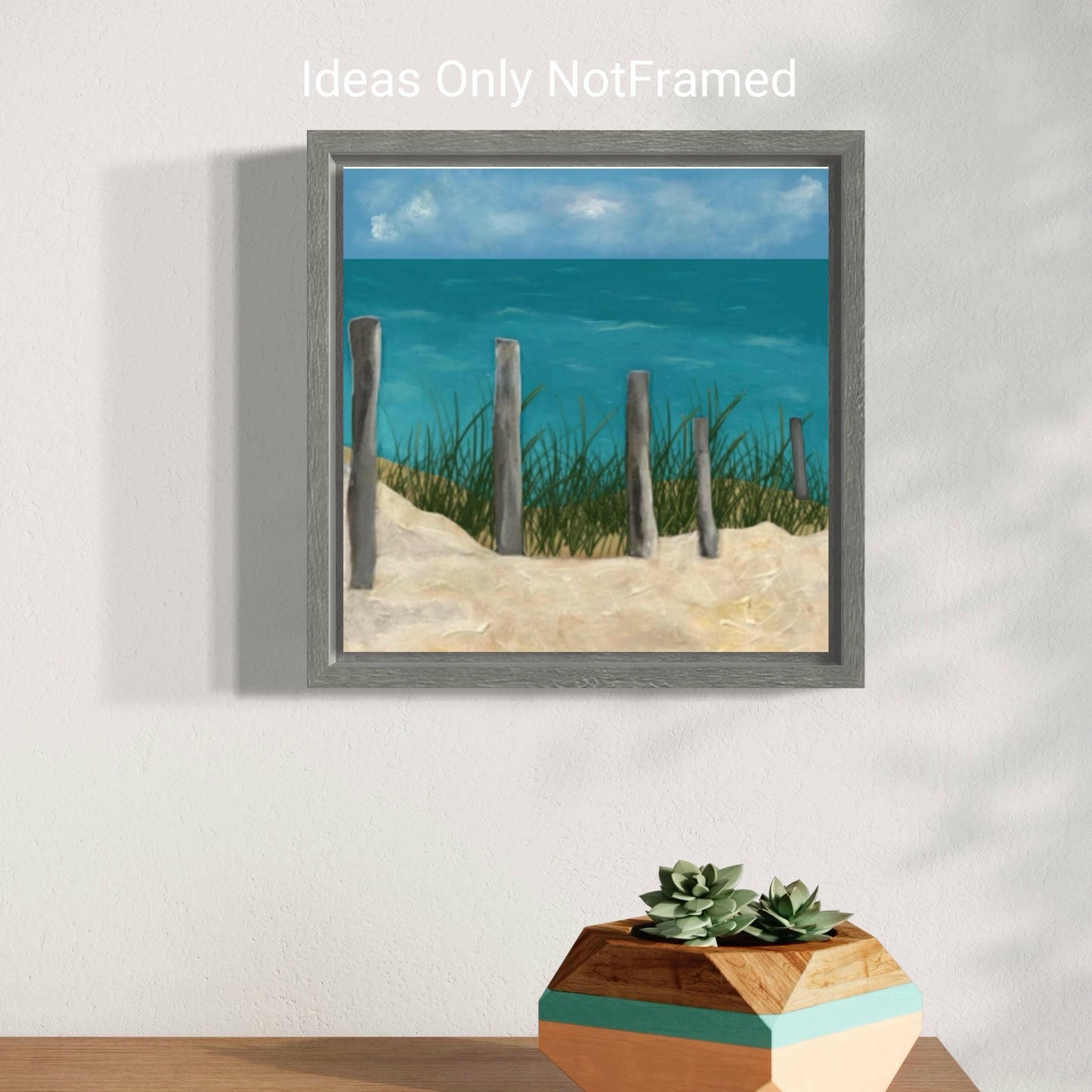 Close-up view of the beach print, highlighting the texture of the sand, the detail of the sea grass, and the weathered appearance of the wooden posts.