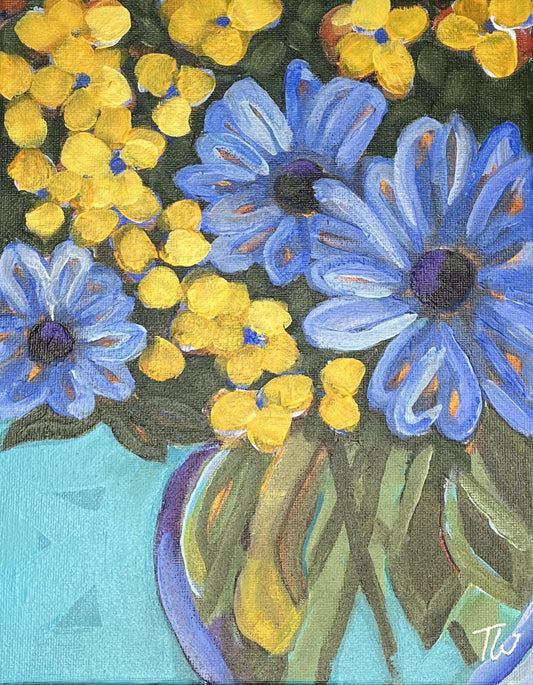 Close-up of a vibrant blue flower painting featuring blue and yellow flowers in a teal vase.