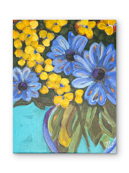 Textured detail of an original blue flower painting, showcasing expressive brushstrokes and colorful floral arrangement