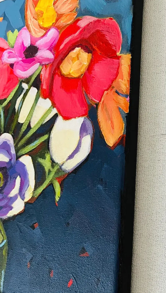 Side View of a prominent purple and white flower with a green center in a floral painting on canvas.