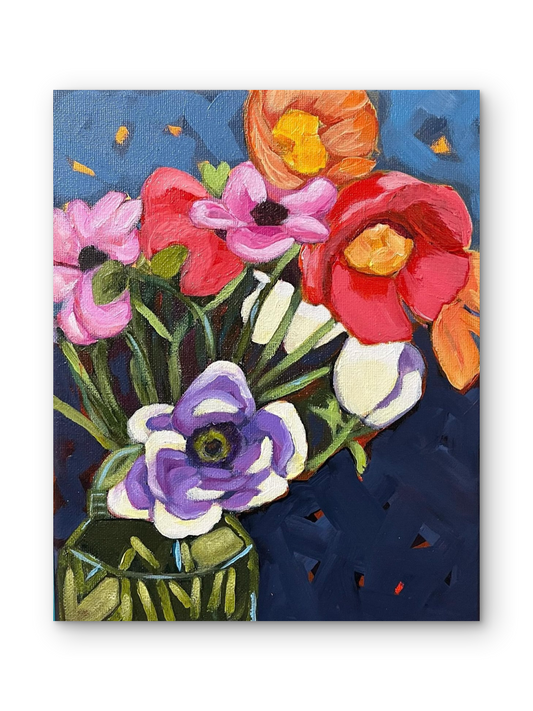 Close-up of a prominent purple and white flower with a green center in a floral painting on canvas.