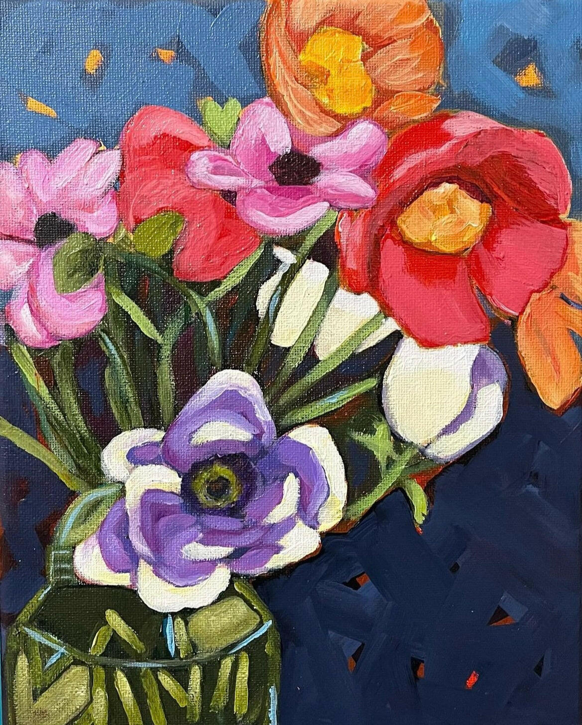 Full view of a colorful bouquet in a vase, depicted in an 8x10 floral painting on canvas.
