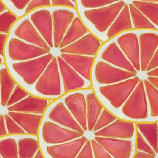 Close-up of vibrant pink and red grapefruit slices with white and yellow rinds in an abstract fruit print.