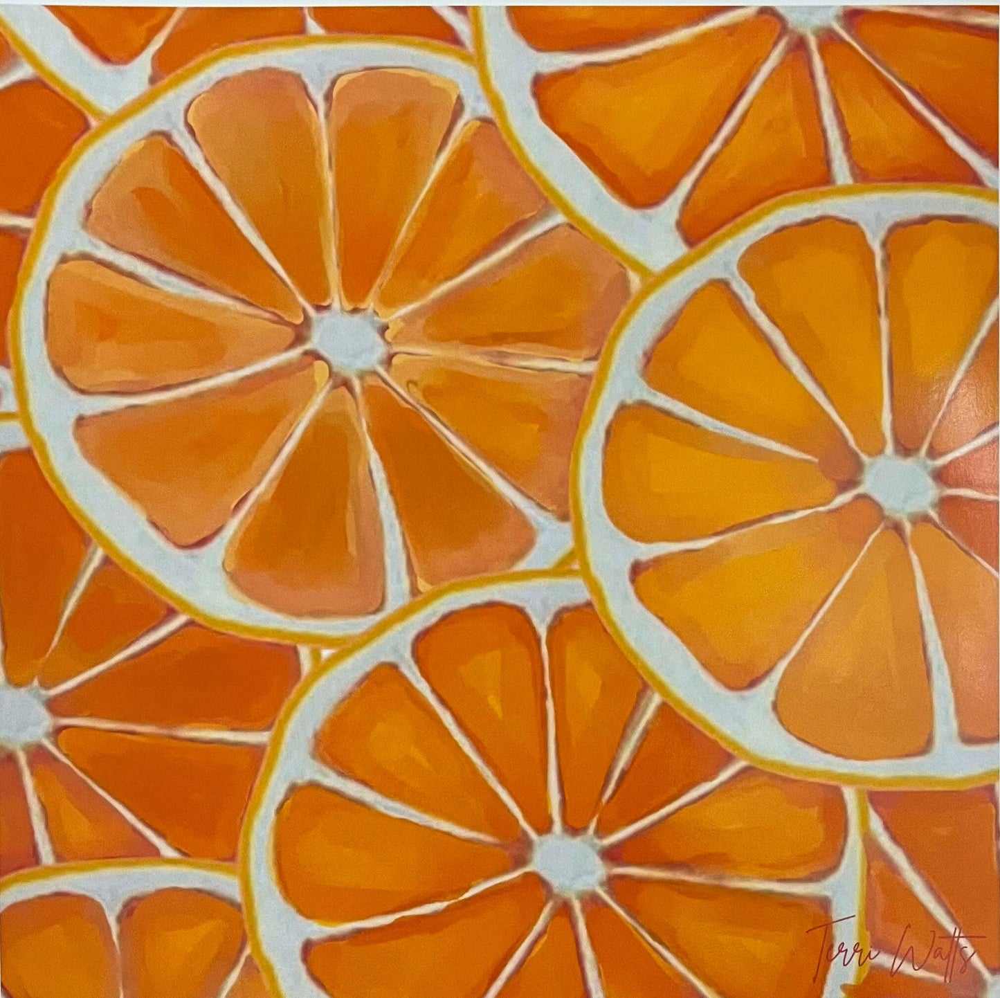 Close-up of multiple vibrant orange slices with white rinds in a dynamic oranges print artwork.