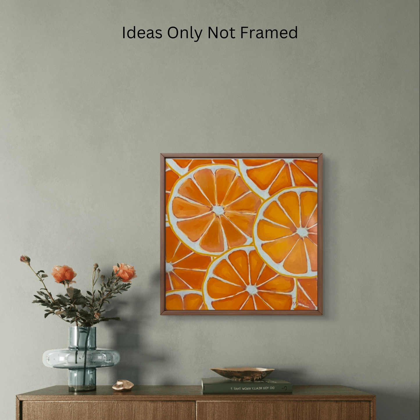 Full view of the overlapping orange slice pattern in the lively oranges print composition.