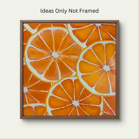 Detail of the radiant segments and bright orange color within a single orange slice from the oranges print.