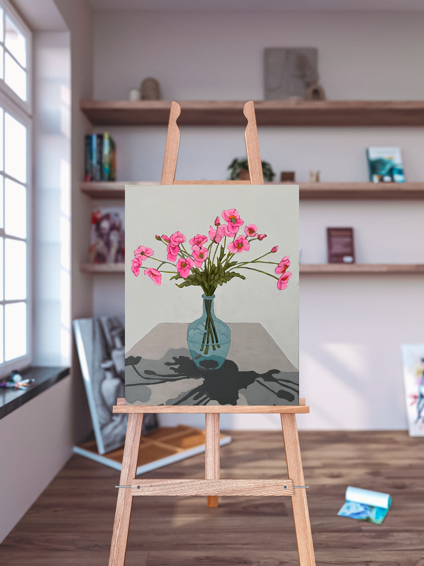 view of a floral still life painting featuring pink poppies in a vase against a light grey background, highlighting the artwork's scale and composition.