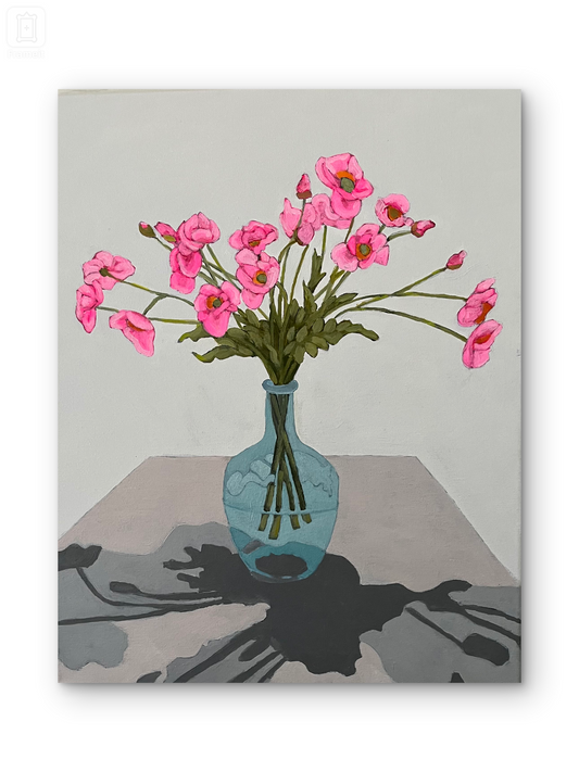vibrant 16x20 inch canvas painting depicting a bouquet of bright pink poppy flowers in a clear blue-tinted glass vase, casting a dark shadow on a light grey table.